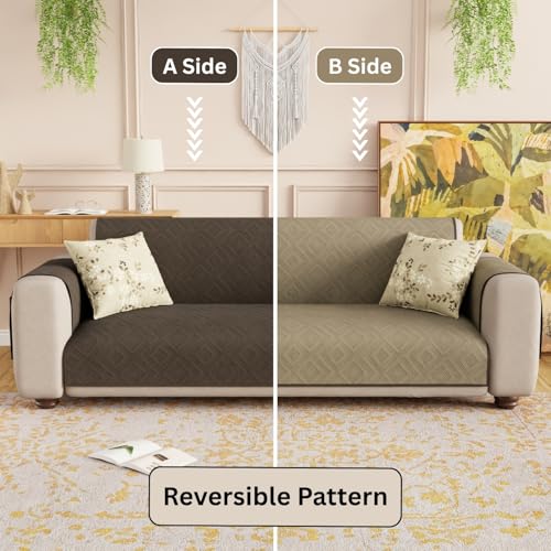 Lukzer 5 Seater Reversible Quilted Sofa Mat - Dot Frame Pattern | Dark Brown | 250 GSM Polyester Sofa Runner with Arms & Deep Storage Pocket | Machine Washable Sofa Cover with Elastic Belt (SC-212-05) - Image 5