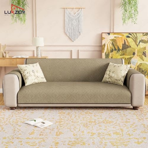 Lukzer 5 Seater Reversible Quilted Sofa Mat - Dot Frame Pattern | Dark Brown | 250 GSM Polyester Sofa Runner with Arms & Deep Storage Pocket | Machine Washable Sofa Cover with Elastic Belt (SC-212-05) - Image 4