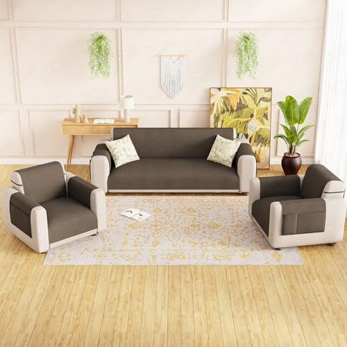Lukzer 5 Seater Reversible Quilted Sofa Mat - Dot Frame Pattern | Dark Brown | 250 GSM Polyester Sofa Runner with Arms & Deep Storage Pocket | Machine Washable Sofa Cover with Elastic Belt (SC-212-05) - Image 3