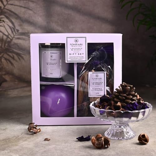 FlowerAura Premium Gift Hamper of Lavender & Honey Jar Candle, Ball Candle & Potpourri in Box for Valentines Gifts, Birthday, Retirement, Anniversary, Wedding, Religious Events, Corpoarte Gift - Image 1