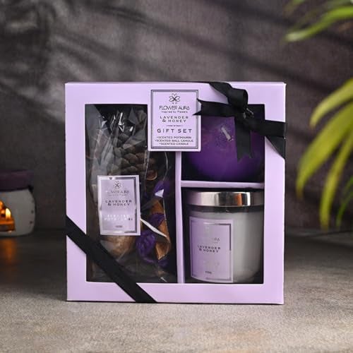 FlowerAura Premium Gift Hamper of Lavender & Honey Jar Candle, Ball Candle & Potpourri in Box for Valentines Gifts, Birthday, Retirement, Anniversary, Wedding, Religious Events, Corpoarte Gift - Image 3