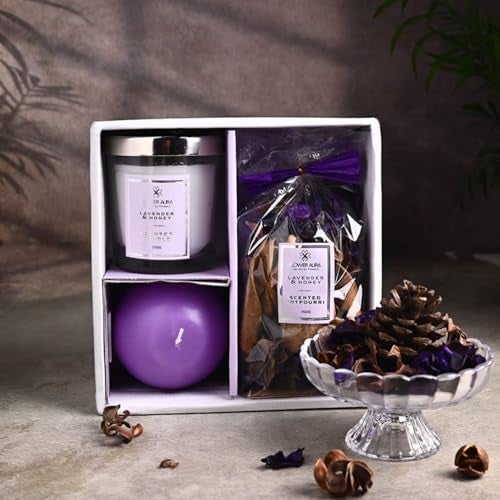FlowerAura Premium Gift Hamper of Lavender & Honey Jar Candle, Ball Candle & Potpourri in Box for Valentines Gifts, Birthday, Retirement, Anniversary, Wedding, Religious Events, Corpoarte Gift - Image 2