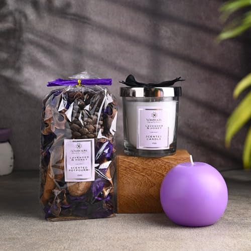 FlowerAura Premium Gift Hamper of Lavender & Honey Jar Candle, Ball Candle & Potpourri in Box for Valentines Gifts, Birthday, Retirement, Anniversary, Wedding, Religious Events, Corpoarte Gift - Image 4