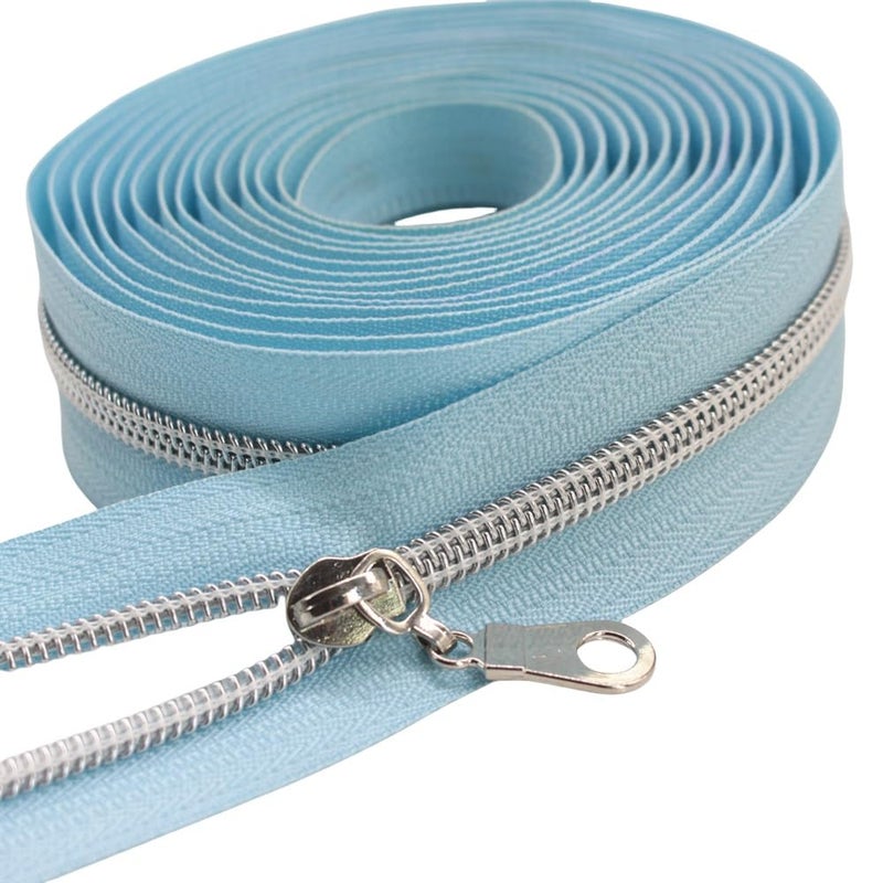 YaHoGa 5 Silver Metallic Nylon Coil Zippers by The Yard Bulk SkyBlue Tape 10 Yards with 25pcs Pulls for DIY Sewing Tailor Craft Bag SkyBlue - Image 3
