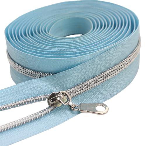YaHoGa 5 Silver Metallic Nylon Coil Zippers by The Yard Bulk SkyBlue Tape 10 Yards with 25pcs Pulls for DIY Sewing Tailor Craft Bag SkyBlue - Image 1