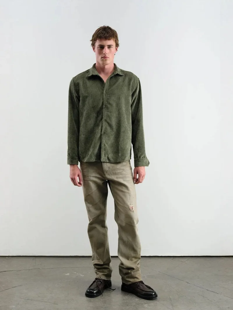 Giesto Khaki Green Oversized Corduroy Long Sleeve Button-Down Shirt for Men | Best Price UAE