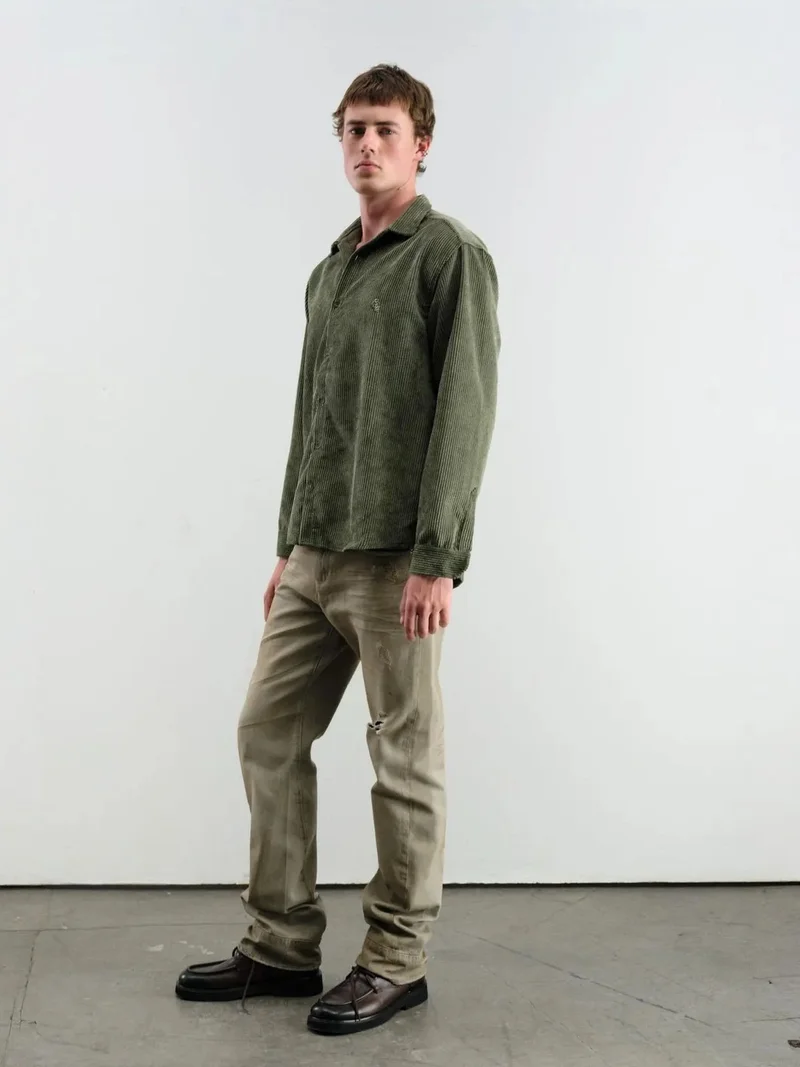 Giesto Khaki Green Oversized Corduroy Long Sleeve Button-Down Shirt for Men | Best Price UAE