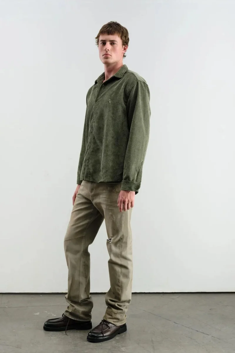 Giesto Khaki Green Oversized Corduroy Long Sleeve Button-Down Shirt for Men | Best Price UAE