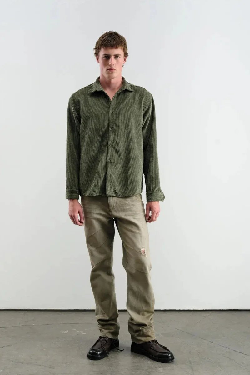 Giesto Khaki Green Oversized Corduroy Long Sleeve Button-Down Shirt for Men | Best Price UAE