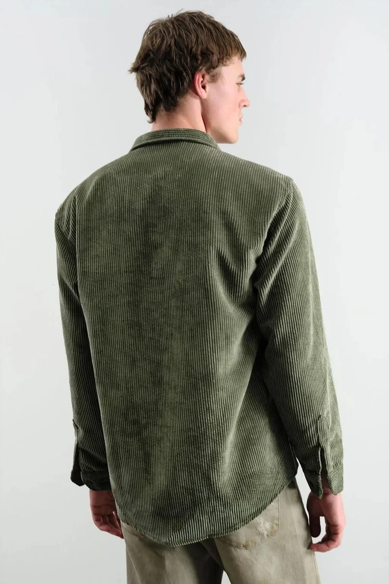 Giesto Khaki Green Oversized Corduroy Long Sleeve Button-Down Shirt for Men | Best Price UAE