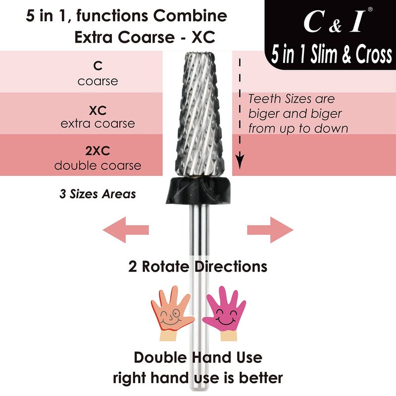 Ci 5 in 1 Nail Drill Bit, Cross & Slim Edition, Professional Nail Drills for Electric Manicure Drill Machine (Extra Coarse -XC) - Image 2