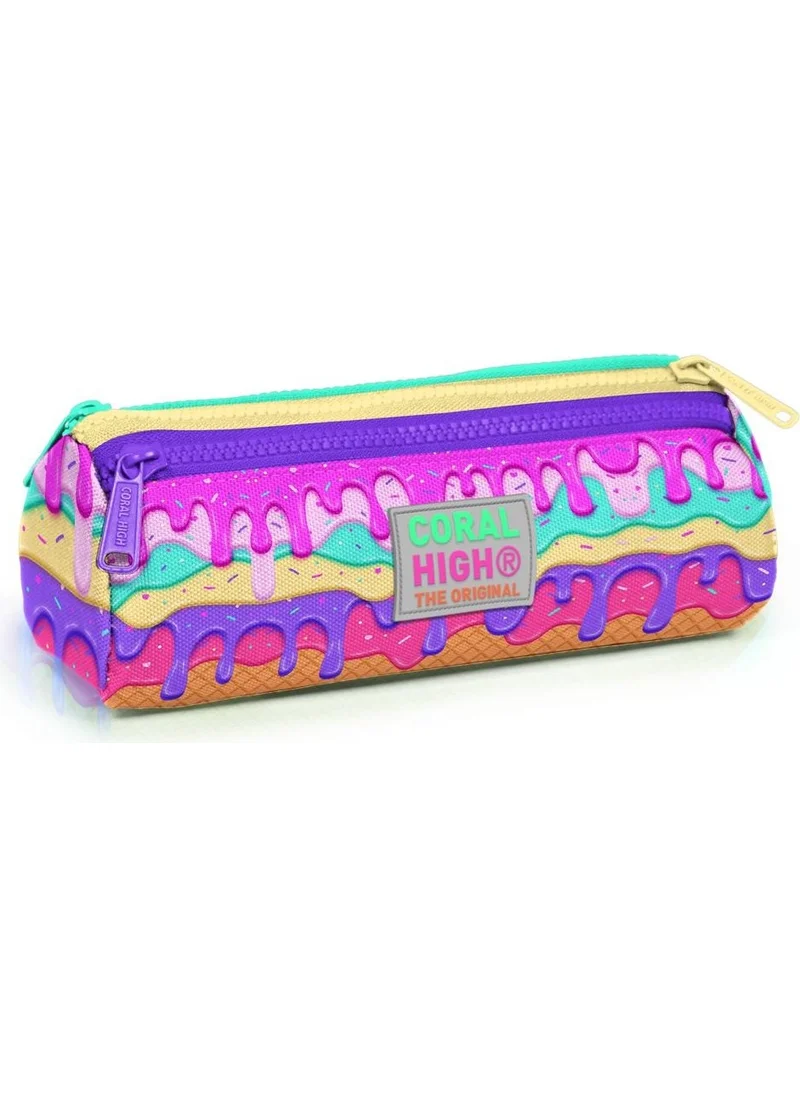 CORAL HIGH Kids Pink Colorful Ice Cream Patterned Three Compartment Pencil Bag