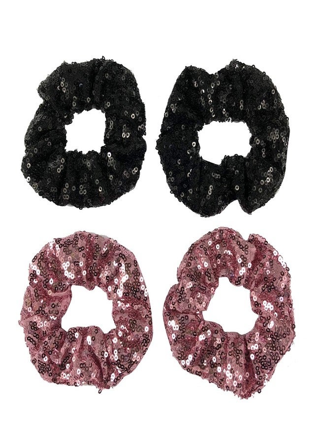 KINFENE 4 Pcs Sequin Hair Scrunchie Hair Bobbles Metallic Elastics Ponytail Holders Hair Wrist Ties Bands Cloth Scrunchies for Show Gym Dance Party Club Girl Women (Black+Pink) - Image 1