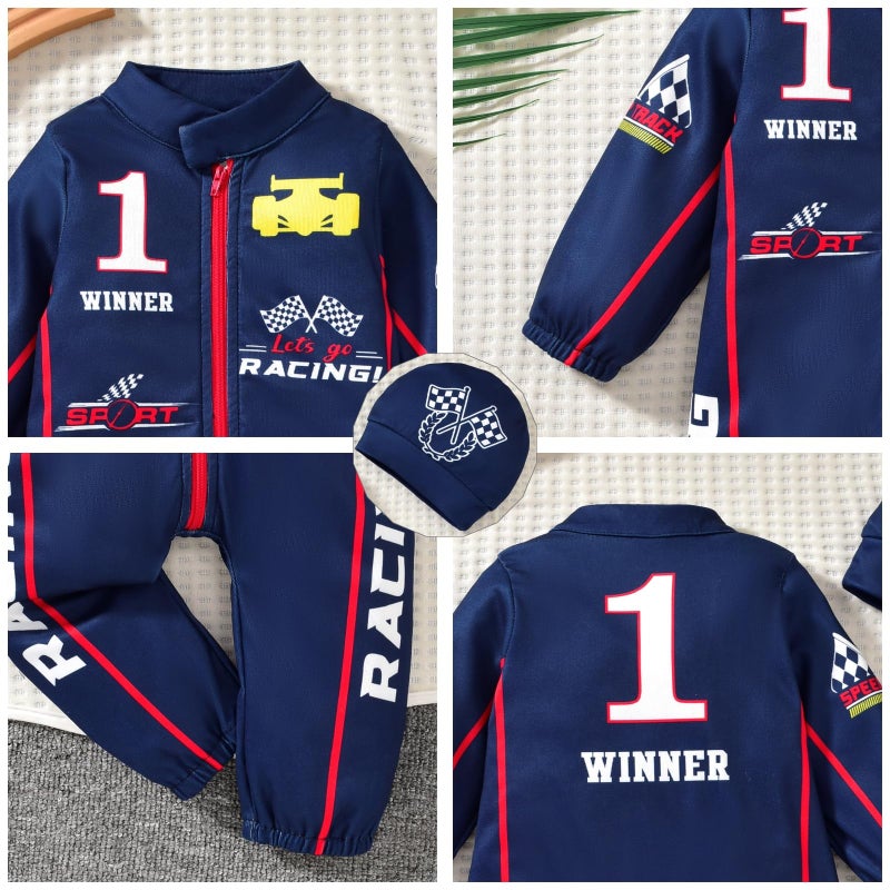 KOZBY Baby Boy Race Car Outfit Long Sleeves Romper Infant One Piece Zipper Jumpsuit 0-3 Months Clothes Navy Blue - Image 4