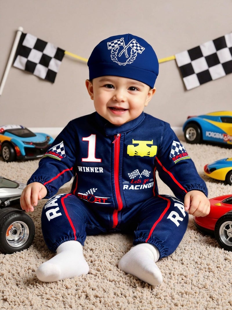 KOZBY Baby Boy Race Car Outfit Long Sleeves Romper Infant One Piece Zipper Jumpsuit 0-3 Months Clothes Navy Blue - Image 2