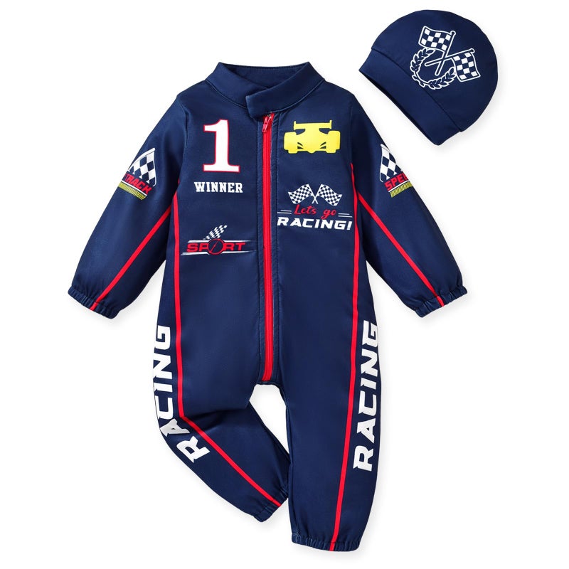 KOZBY Baby Boy Race Car Outfit Long Sleeves Romper Infant One Piece Zipper Jumpsuit 0-3 Months Clothes Navy Blue - Image 1