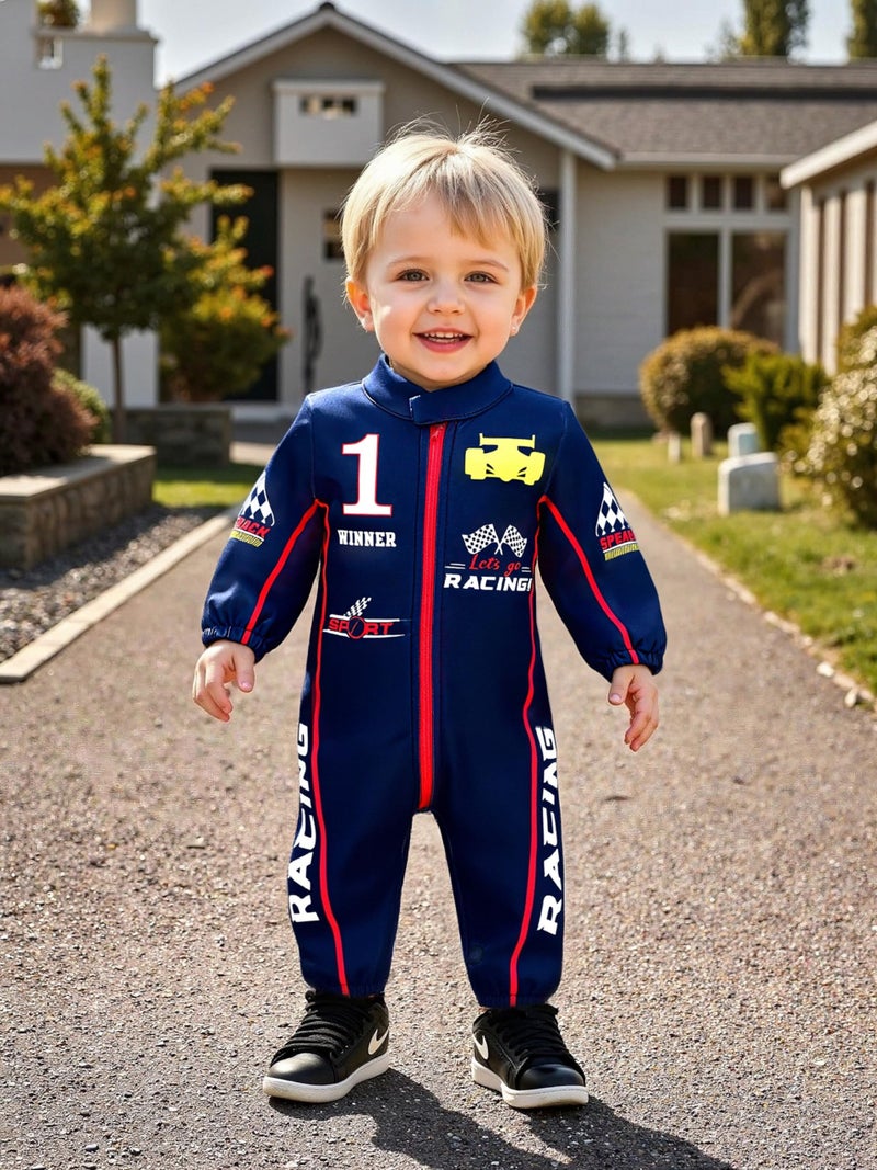 KOZBY Baby Boy Race Car Outfit Long Sleeves Romper Infant One Piece Zipper Jumpsuit 0-3 Months Clothes Navy Blue - Image 3