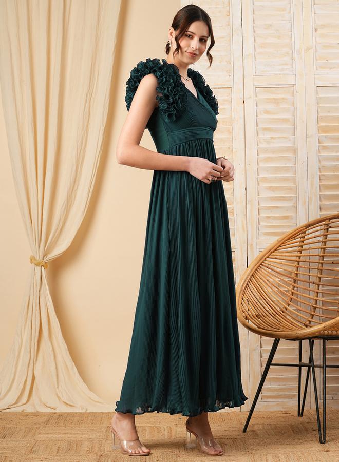 ميش فستان طويل مزين بكشكش مع ياقة بنمط لف - Image 2