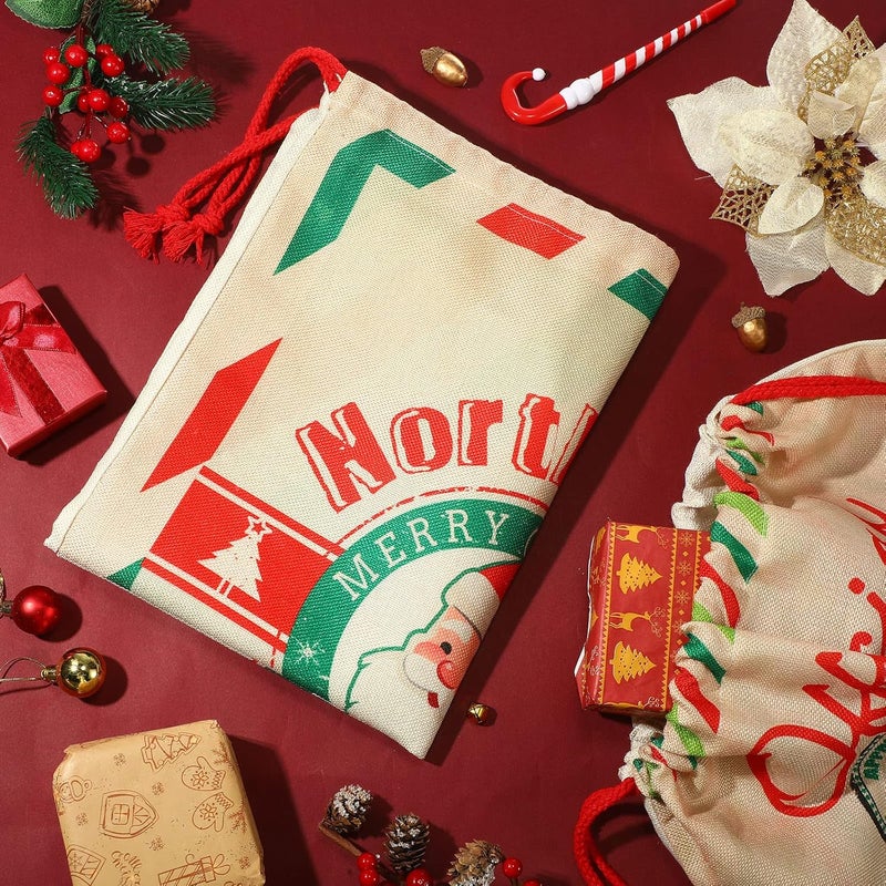 كلاراكو حقيبة قماش كبيرة من كلاركو مكونة من 4 قطع، حقيبة هدايا قماشية لعيد الميلاد مع رباط، حقيبة قماشية برباط لتخزين عبوات الهدايا، 27.6 × 19.7 بوصة - Image 3