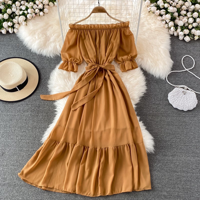 Bali Vacation Seaside Beach Dress Off-Shoulder One-Shoulder Dress Elegant Temperament Long Skirt With A Large Hem Vacation Style - Image 1