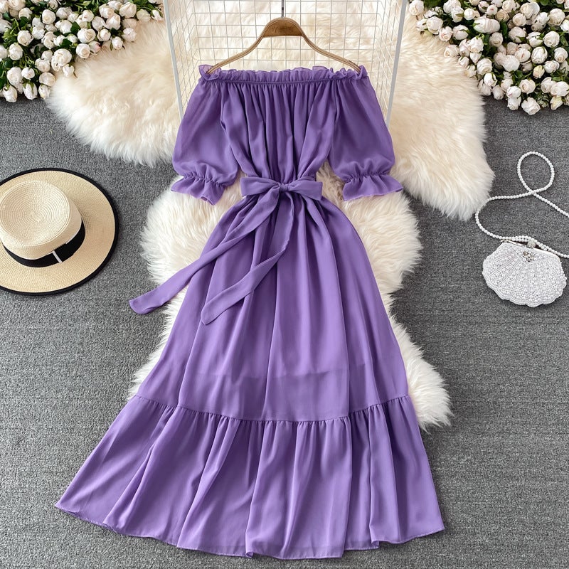 Bali Vacation Seaside Beach Dress Off-Shoulder One-Shoulder Dress Elegant Temperament Long Skirt With A Large Hem Vacation Style - Image 4