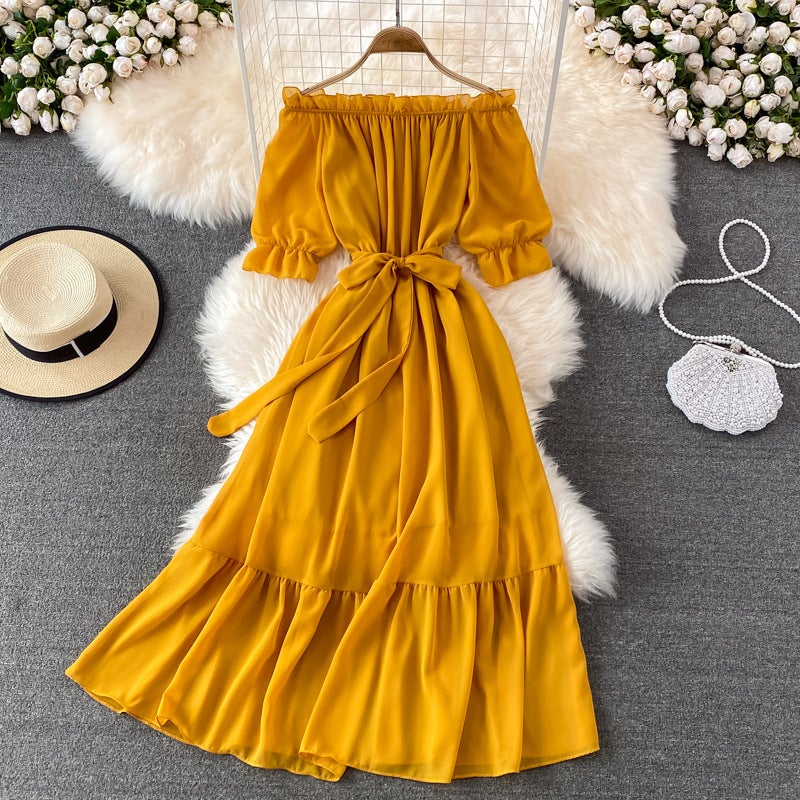 Bali Vacation Seaside Beach Dress Off-Shoulder One-Shoulder Dress Elegant Temperament Long Skirt With A Large Hem Vacation Style - Image 2
