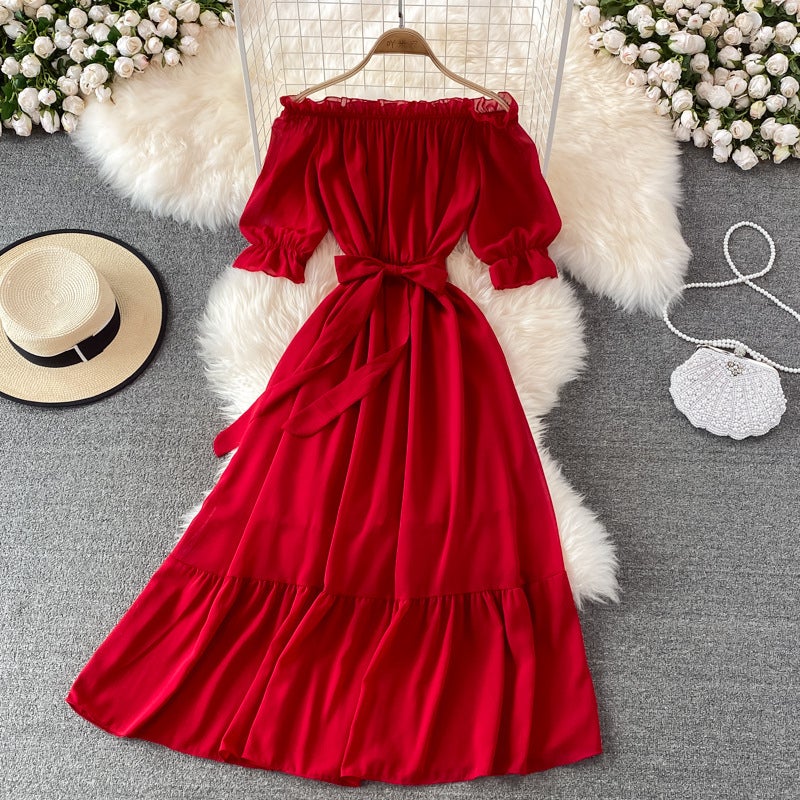 Bali Vacation Seaside Beach Dress Off-Shoulder One-Shoulder Dress Elegant Temperament Long Skirt With A Large Hem Vacation Style - Image 3
