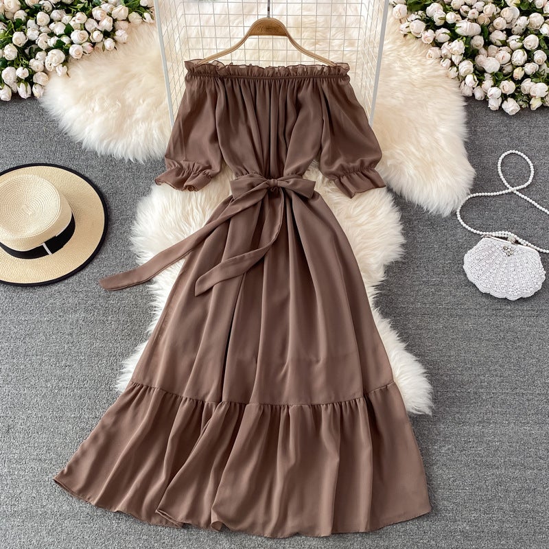 Bali Vacation Seaside Beach Dress Off-Shoulder One-Shoulder Dress Elegant Temperament Long Skirt With A Large Hem Vacation Style - Image 5