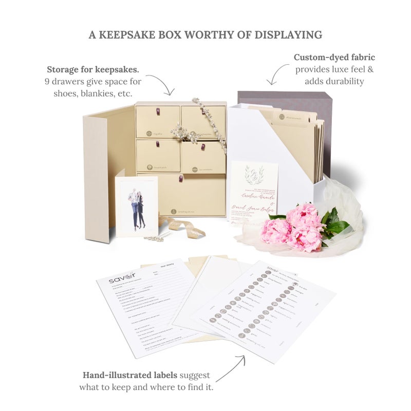 Savor | Deluxe Wedding Keepsake Box with 52 Labels, 6 Drawers, and 8 Vertical Files | Acid-Free Memory Organizer for Wedding Day, Bridal Shower & Anniversary (Slate, No Customization) - Image 4