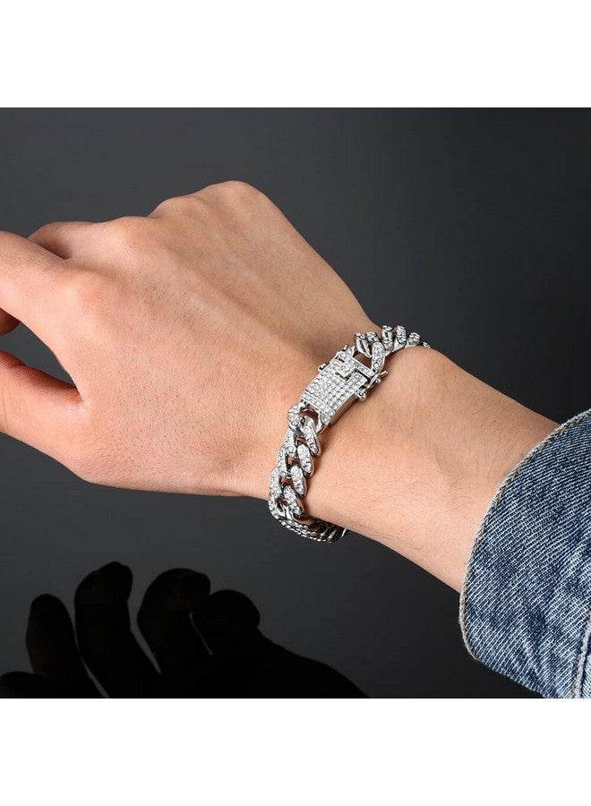 MEENAZ Mc Stan bracelet for men Cuban Link Chain Silver Bracelet for boys Women girls gents Miami Bracelets Iced Cubic Zirconia Stone diamond chain Bracelets Stainless Steel Ice Stylish Rapper -414 - Image 4