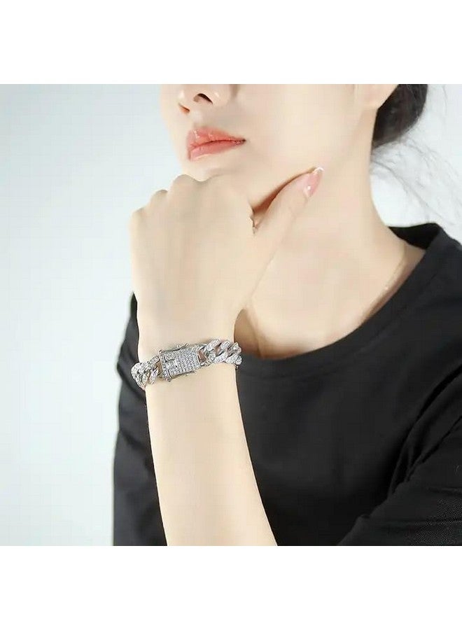 MEENAZ Mc Stan bracelet for men Cuban Link Chain Silver Bracelet for boys Women girls gents Miami Bracelets Iced Cubic Zirconia Stone diamond chain Bracelets Stainless Steel Ice Stylish Rapper -414 - Image 5