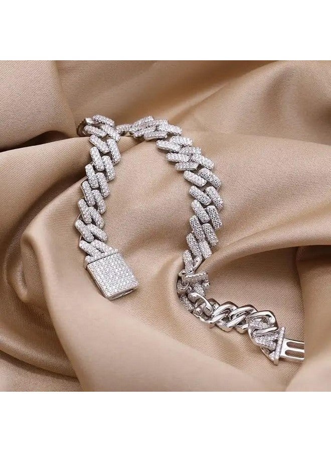 MEENAZ Mc Stan bracelet for men Cuban Link Chain Silver Bracelet for boys Women girls gents Miami Bracelets Iced Cubic Zirconia Stone diamond chain Bracelets Stainless Steel Ice Stylish Rapper -414 - Image 3