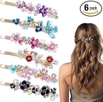 WY LIGHTING LEVEL 6pcs Vintage Rhinestone Hair Clips Women Sparkly Hairpin Flower Small Bobby Barrettes Fancy Decorative Metal Gold Tone Hairpins French Colorful Floral Hair Accessories for Women Girl Prom Valentines - Image 1