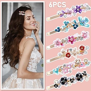 WY LIGHTING LEVEL 6pcs Vintage Rhinestone Hair Clips Women Sparkly Hairpin Flower Small Bobby Barrettes Fancy Decorative Metal Gold Tone Hairpins French Colorful Floral Hair Accessories for Women Girl Prom Valentines - Image 3