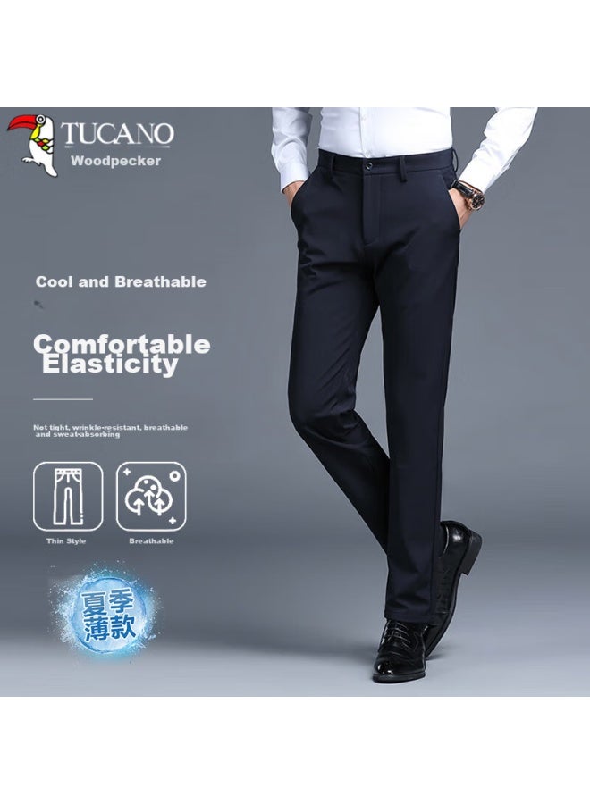 توكانو Tucano بنطال كاجوال للرجال، موضة كاجوال صيفية للعمل، بنطال نحيف مرن متعدد الاستخدامات من حرير الجليد، ملابس رجالية، أزرق بحري، المقاس 30 - Image 1