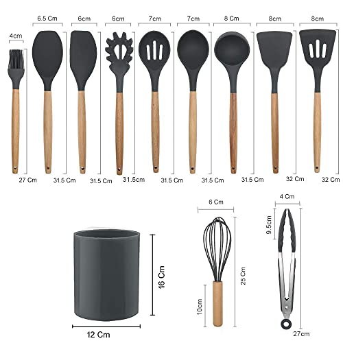 GTC® 12pcs Wooden Handle Silicone Cooking Spoon Set High Temperature Resistant Silicone Spatula Kitchen Utensils (Grey) - Image 3
