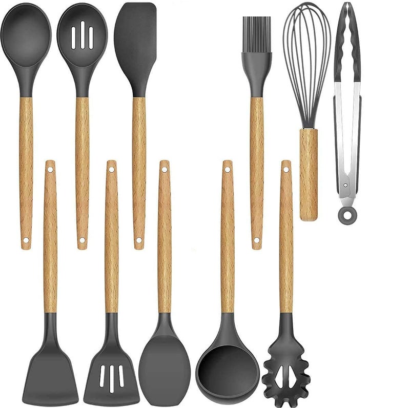 GTC® 12pcs Wooden Handle Silicone Cooking Spoon Set High Temperature Resistant Silicone Spatula Kitchen Utensils (Grey) - Image 2