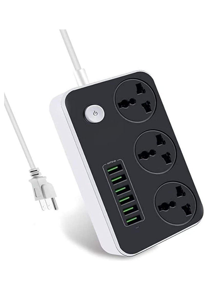 Generic Power Strip with USB Ports Long Cord Universal Socket 3 Outlets Surge Protector 6 Quick USB (4A) Charging Station 3M Power Cord 2500W Circuit Breaker Child Safe Door (Black & Grey)  - Image 1