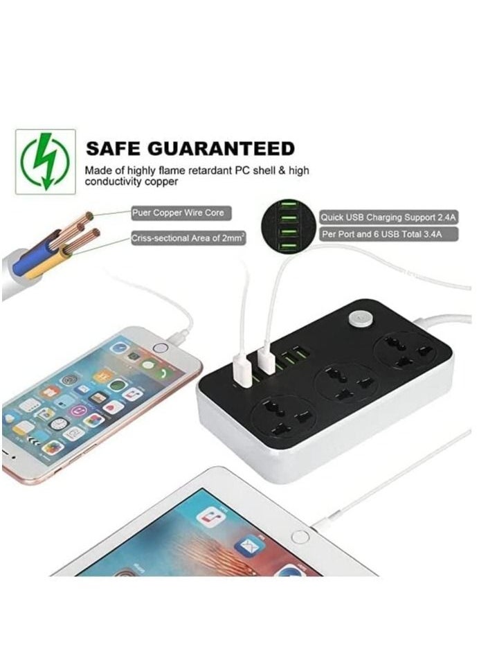 Generic Power Strip with USB Ports Long Cord Universal Socket 3 Outlets Surge Protector 6 Quick USB (4A) Charging Station 3M Power Cord 2500W Circuit Breaker Child Safe Door (Black & Grey)  - Image 4