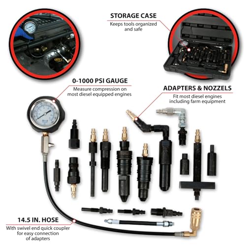 Performance Tool W89735 Diesel Compression Tester Kit for Large Cars, Trucks, Tractors, and Other Heavy-Duty Vehicles in Tough Organizer Case - Image 2