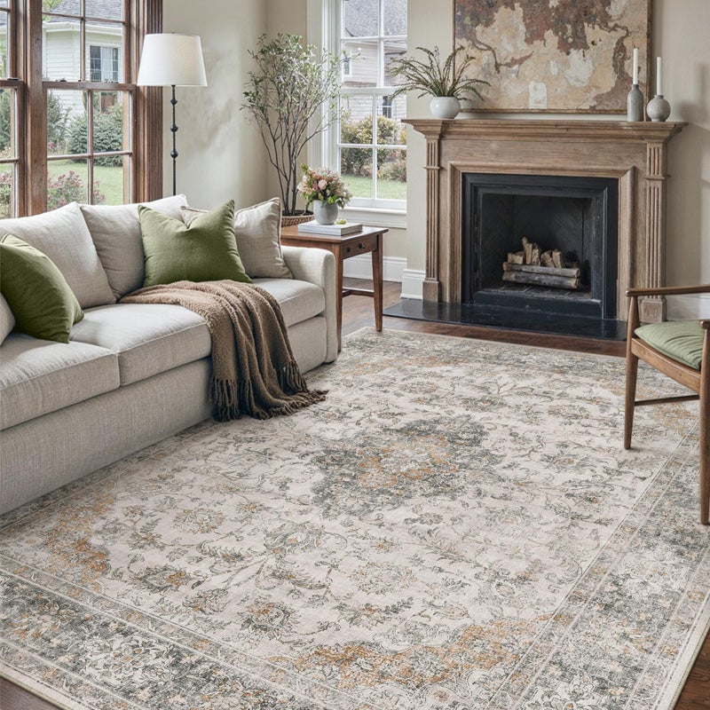 HUGEAR Retro Taupe Green Area Rug 8x10 Machine Washable Living Room Rugs Distressed Vintage Floral Low Pile Carpet Bedroom Office Dining Room Laundry Room Non Slip Soft Lightweight - Image 3