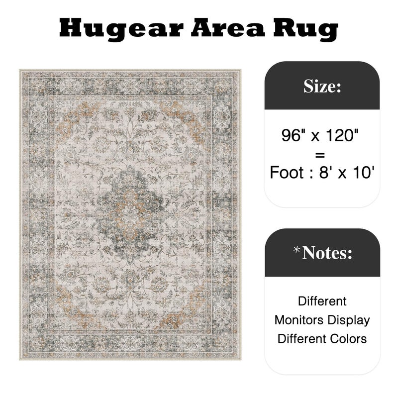 HUGEAR Retro Taupe Green Area Rug 8x10 Machine Washable Living Room Rugs Distressed Vintage Floral Low Pile Carpet Bedroom Office Dining Room Laundry Room Non Slip Soft Lightweight - Image 2