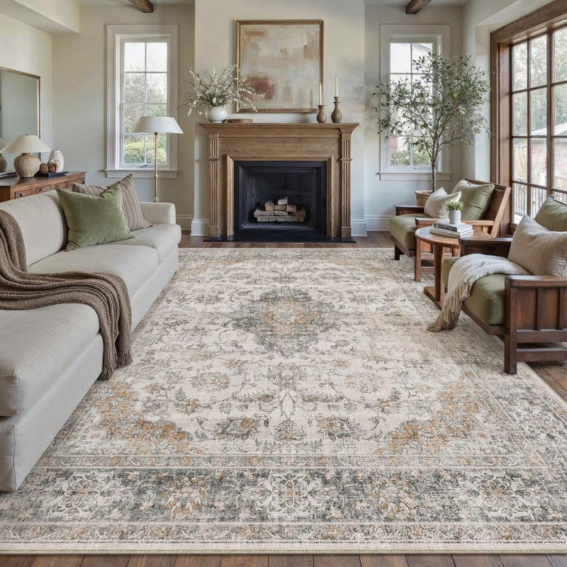 HUGEAR Retro Taupe Green Area Rug 8x10 Machine Washable Living Room Rugs Distressed Vintage Floral Low Pile Carpet Bedroom Office Dining Room Laundry Room Non Slip Soft Lightweight - Image 1