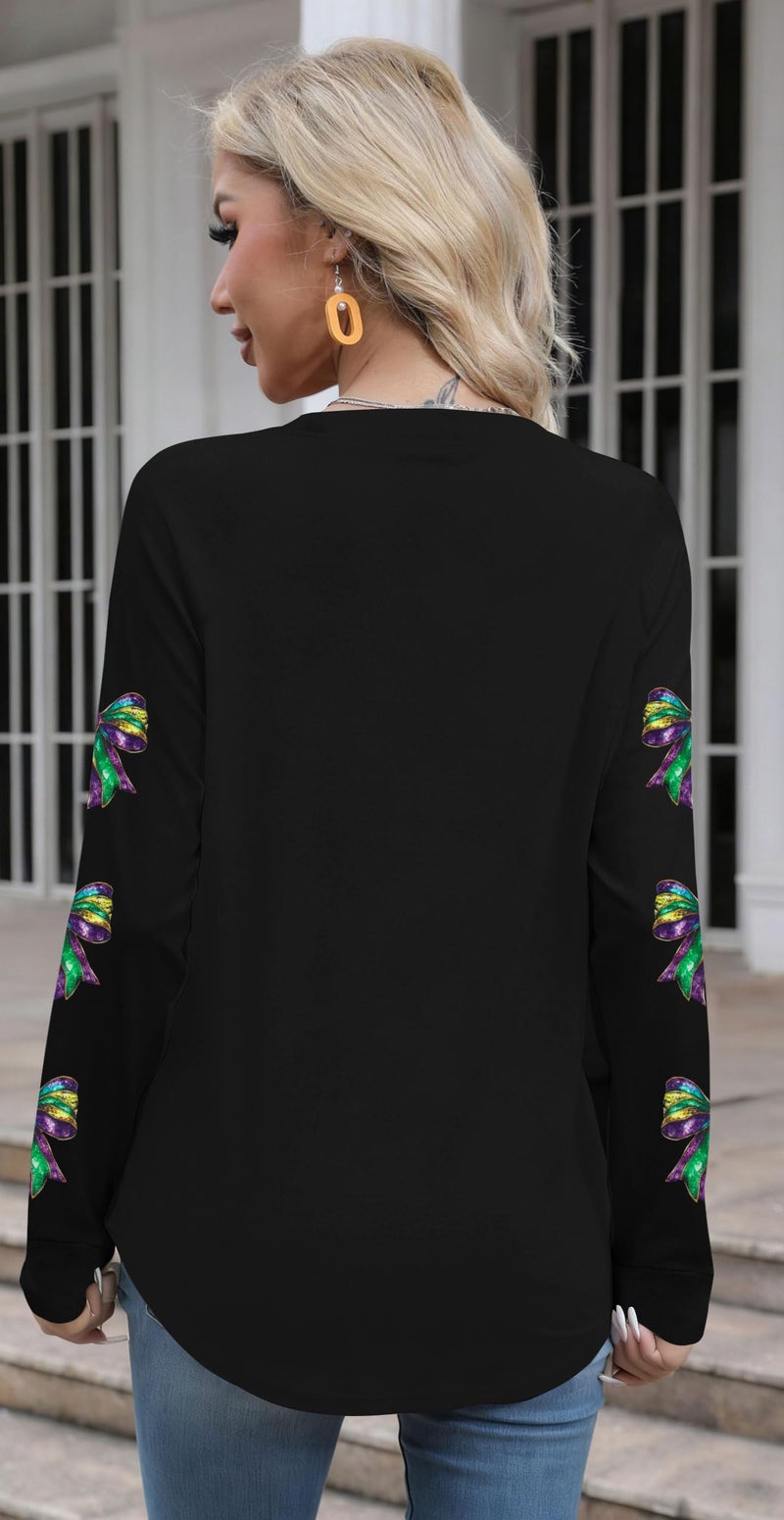 MAXIMGR Mardi Gras Sweatshirt Women Sequin Fat Tuesday Sweater Masks Graphic Shirt Carnival Crewneck Long Sleeve Tops Black - Image 5