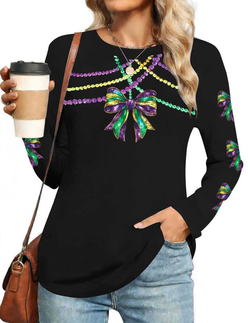 MAXIMGR Mardi Gras Sweatshirt Women Sequin Fat Tuesday Sweater Masks Graphic Shirt Carnival Crewneck Long Sleeve Tops Black - Image 1