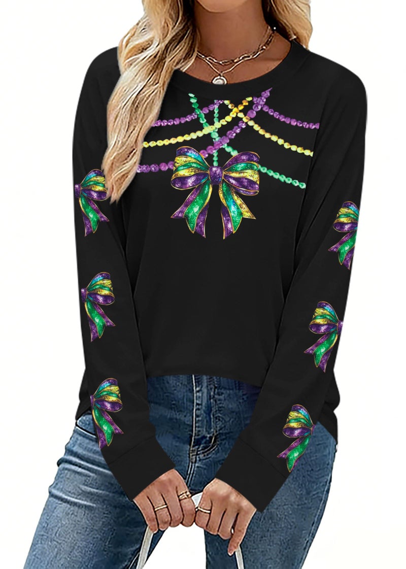 MAXIMGR Mardi Gras Sweatshirt Women Sequin Fat Tuesday Sweater Masks Graphic Shirt Carnival Crewneck Long Sleeve Tops Black - Image 2