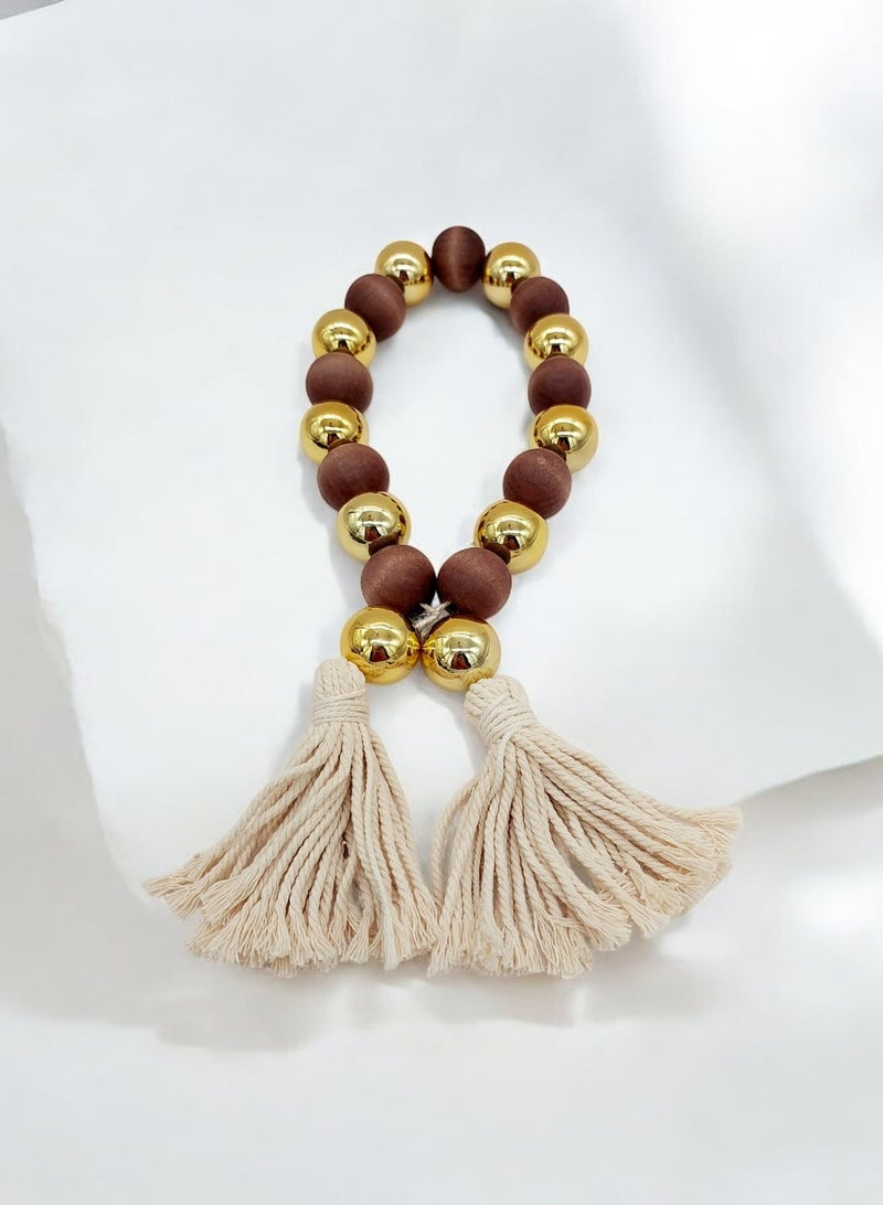 AKDC Wooden&Golden Beaded Garland With Tassel Rustic Look Beige/Brown 3x75cm - Image 1