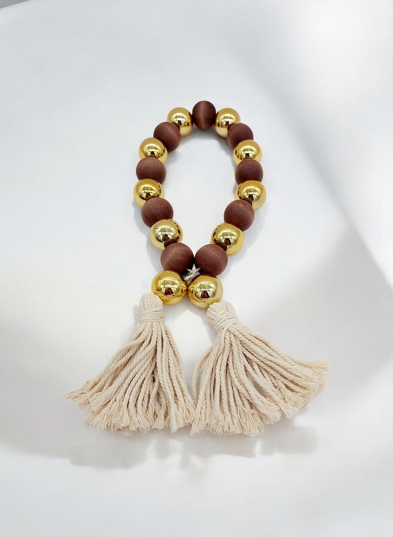 AKDC Wooden&Golden Beaded Garland With Tassel Rustic Look Beige/Brown 3x75cm - Image 2