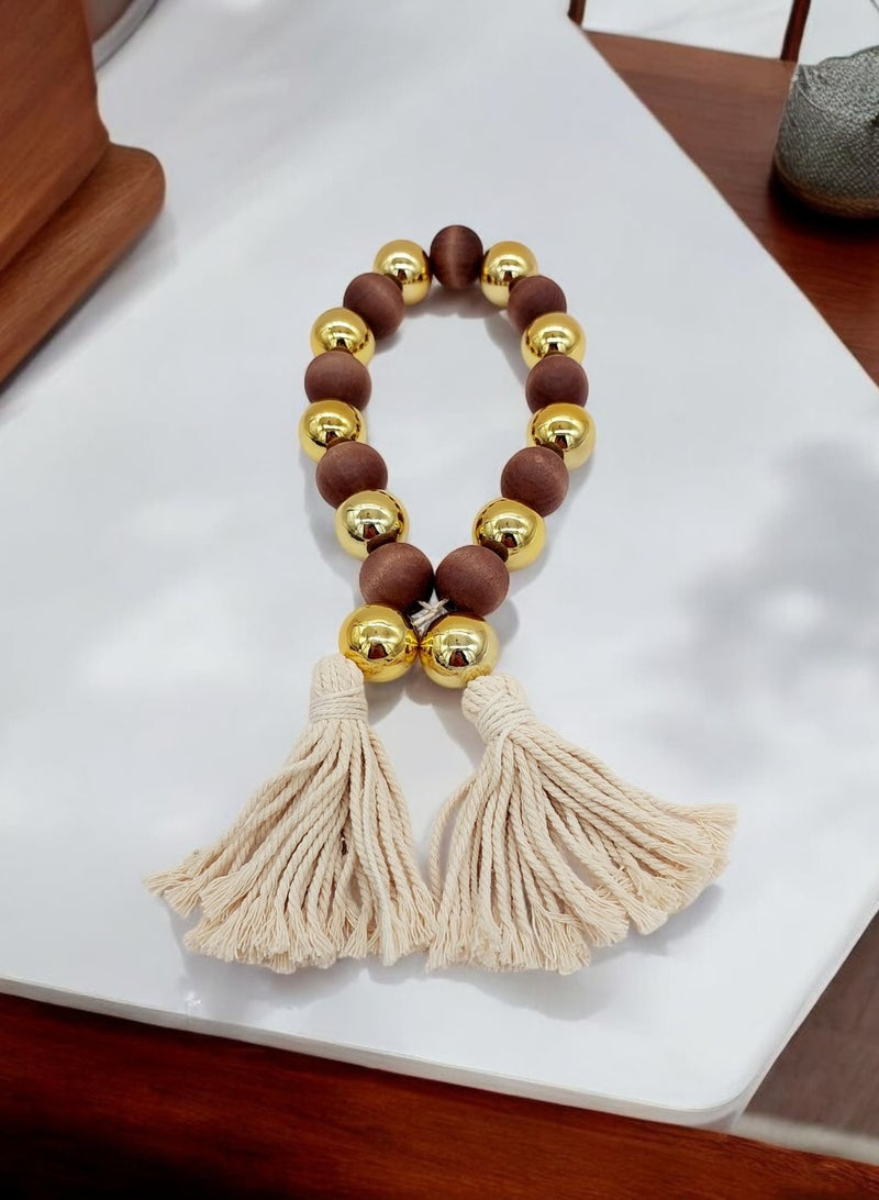 AKDC Wooden&Golden Beaded Garland With Tassel Rustic Look Beige/Brown 3x75cm - Image 4