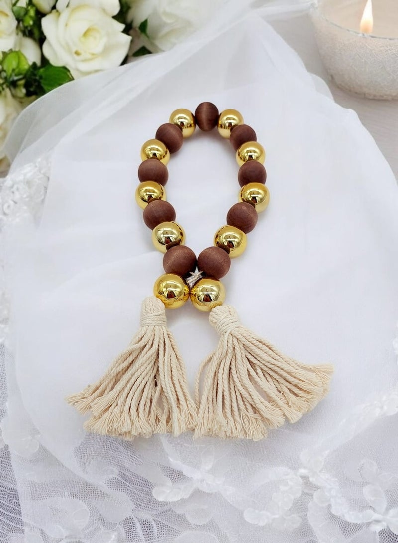 AKDC Wooden&Golden Beaded Garland With Tassel Rustic Look Beige/Brown 3x75cm - Image 3
